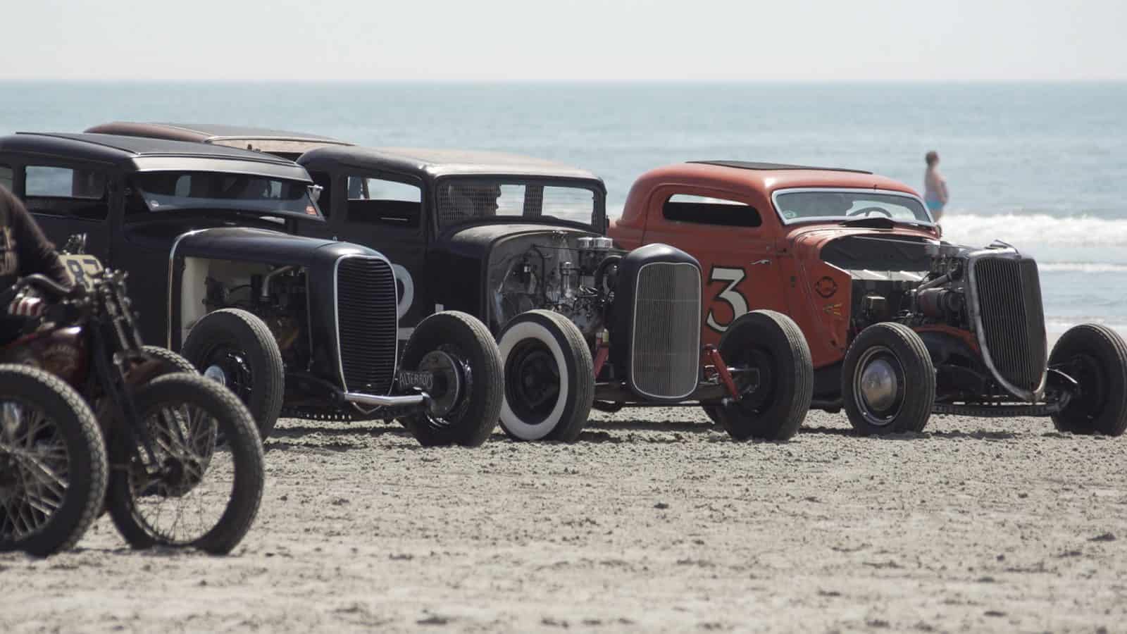 Traditioanl Hot Rods racing on the beach at TROG
