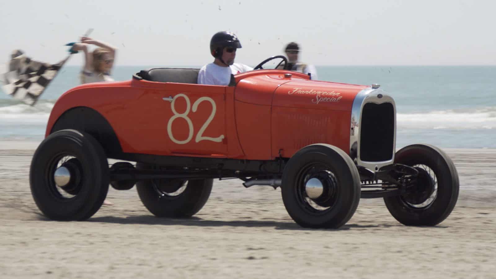 Traditioanl Hot Rods racing on the beach at TROG