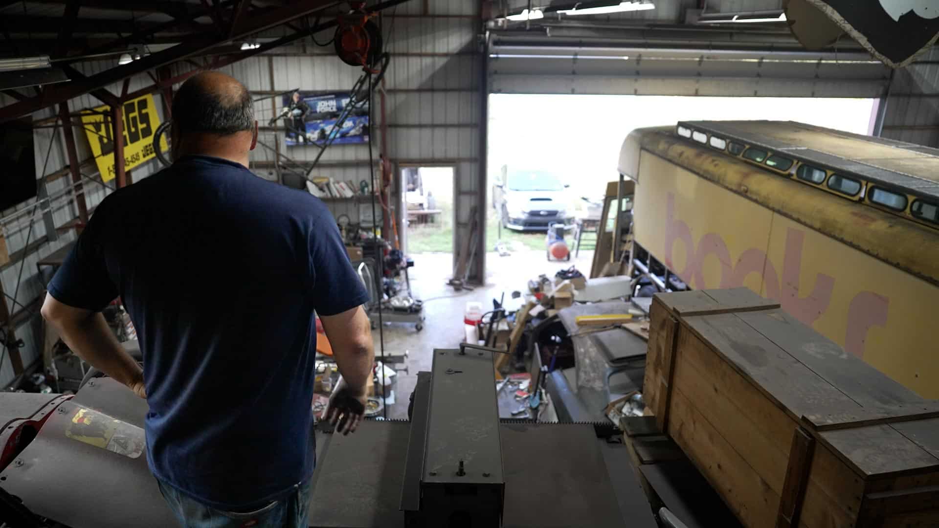 Vinny Esposito's rare Bookmobile toy hauler /camper project from high above his shop